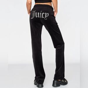 Juicy Couture Rhinestone Gothic Script Black Velvet Velour Iconic 2000s Pants